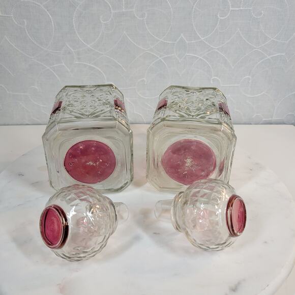 Vintage Decanters Crystal Cranberry Liquor Heavy Cut Glass Whiskey Set of 2 - Picture 5 of 16